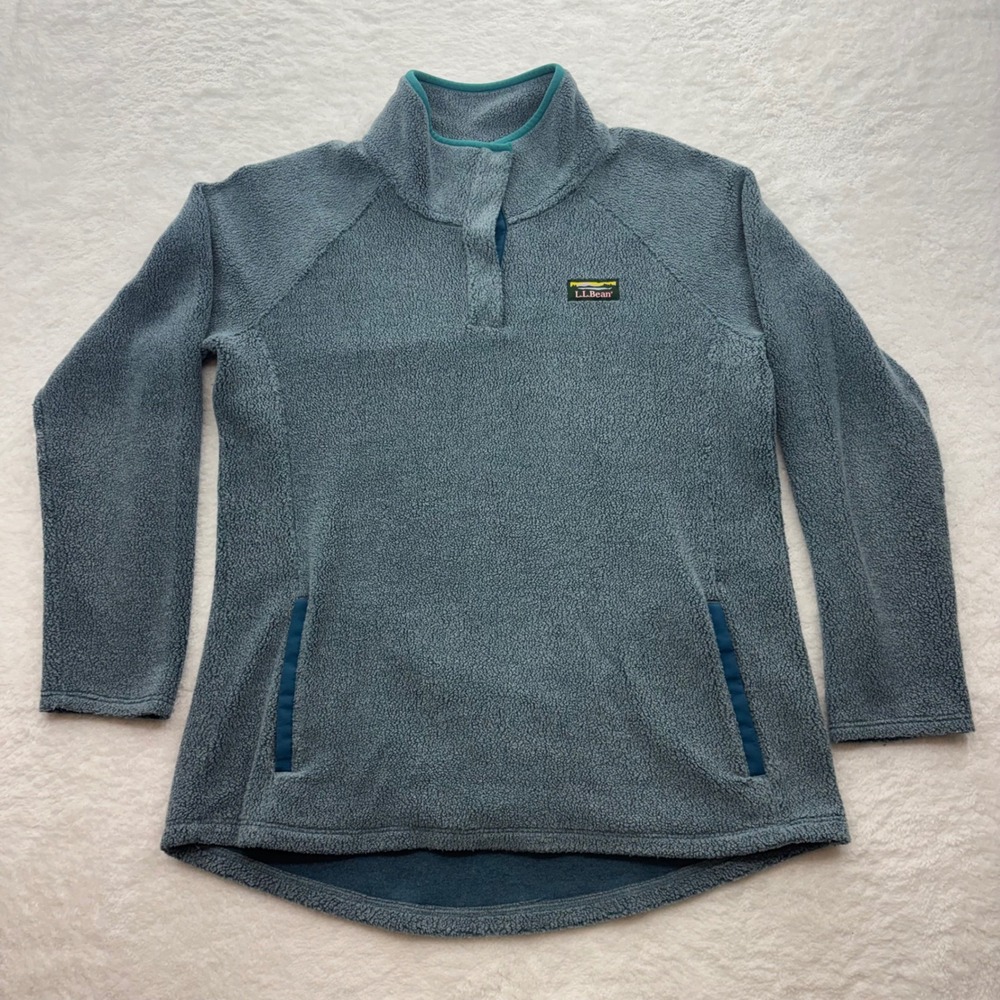 LL Bean Womens L Blue Hi-Pile Fleece Snap Pullover Mock Neck Jacket 518489
